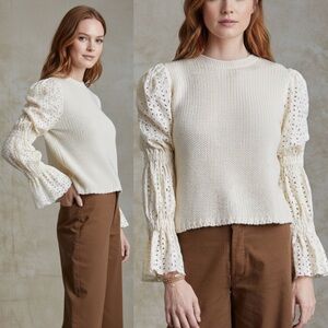 Chan Luu Cotton Eyelet Puff Sleeve Knit Bridget Sweater in Ivory / Cream Size XS